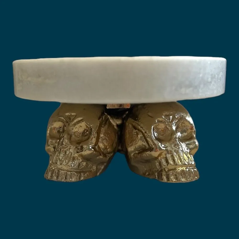 Brass Skulls And Natural Stone Marble Candle Holder Halloween Gothic NEW